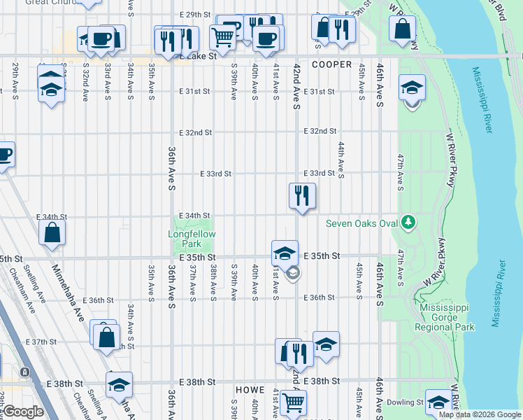 map of restaurants, bars, coffee shops, grocery stores, and more near 3358 41st Avenue South in Minneapolis