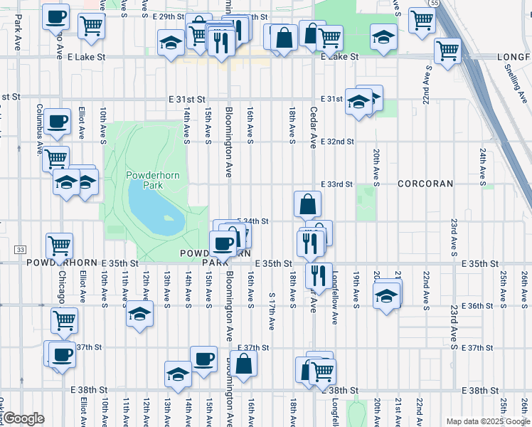 map of restaurants, bars, coffee shops, grocery stores, and more near 1614 East 34th Street in Minneapolis