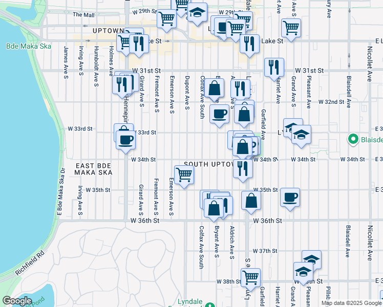 map of restaurants, bars, coffee shops, grocery stores, and more near 1010 West 34th Street in Minneapolis