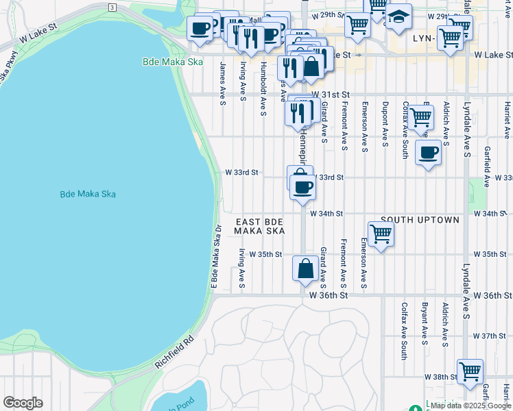 map of restaurants, bars, coffee shops, grocery stores, and more near in Minneapolis