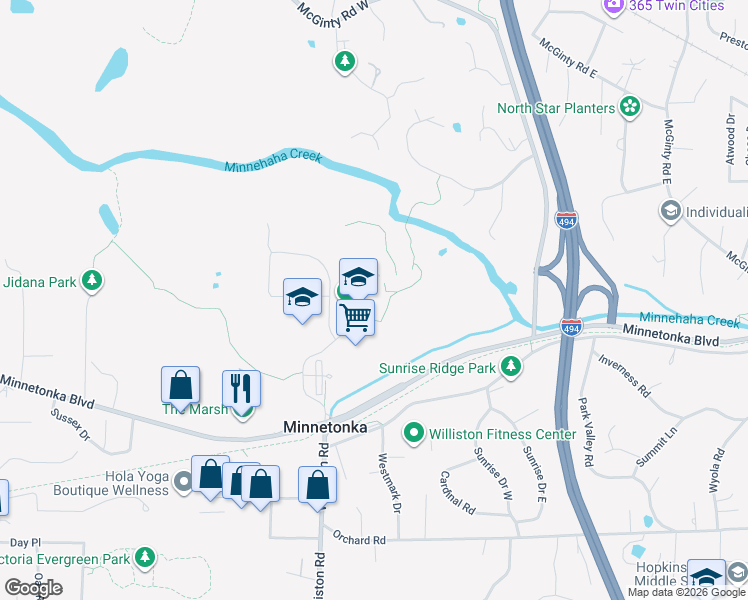 map of restaurants, bars, coffee shops, grocery stores, and more near 3401 Williston Road in Minnetonka