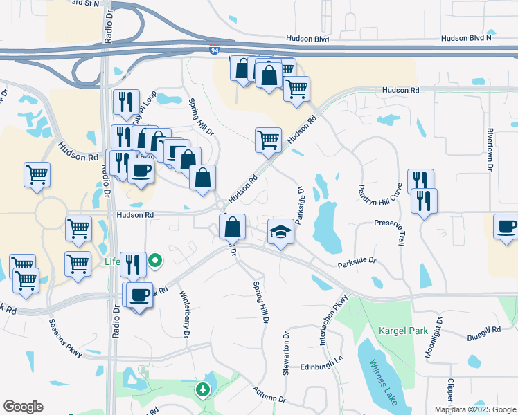 map of restaurants, bars, coffee shops, grocery stores, and more near 8929 Thomas Lane in Woodbury