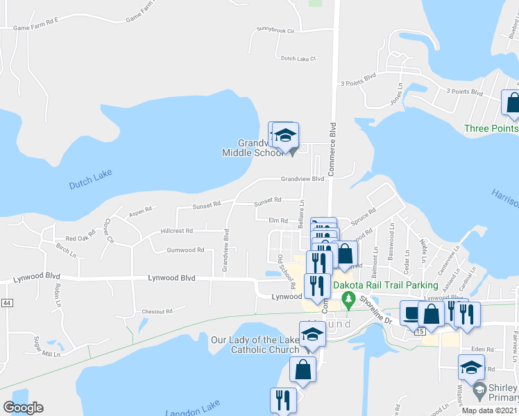 map of restaurants, bars, coffee shops, grocery stores, and more near 5789 Sunset Road in Mound