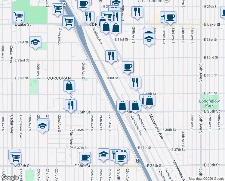 map of restaurants, bars, coffee shops, grocery stores, and more near 3355 Hiawatha Avenue in Minneapolis