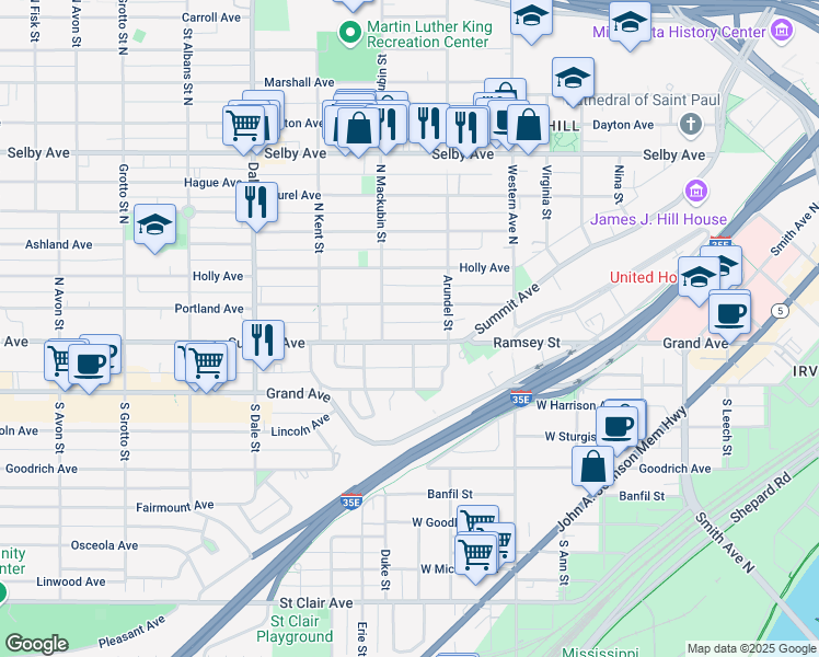 map of restaurants, bars, coffee shops, grocery stores, and more near 475 Summit Avenue in Saint Paul