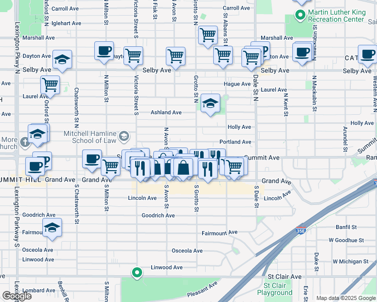 map of restaurants, bars, coffee shops, grocery stores, and more near 755 Summit Avenue in Saint Paul