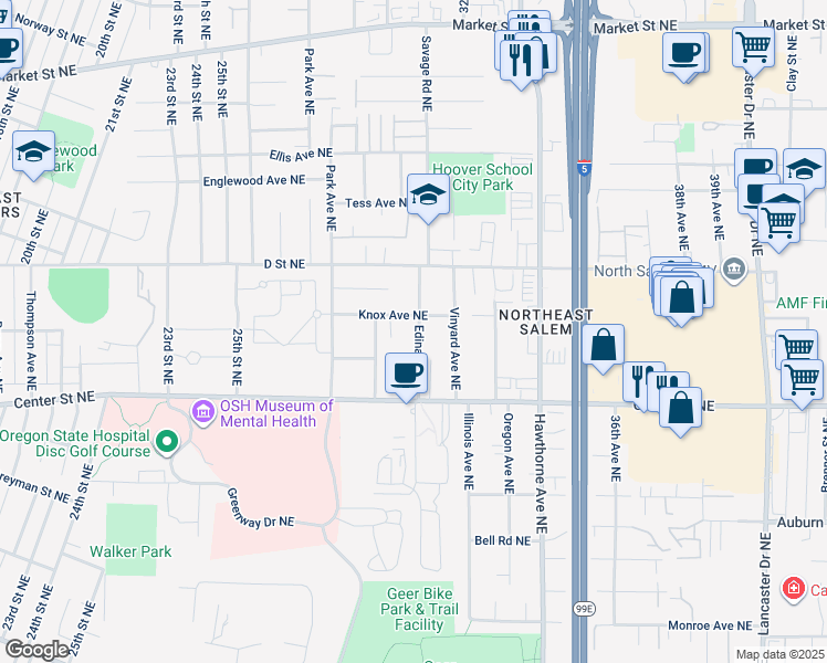 map of restaurants, bars, coffee shops, grocery stores, and more near 861 Edina Lane Northeast in Salem