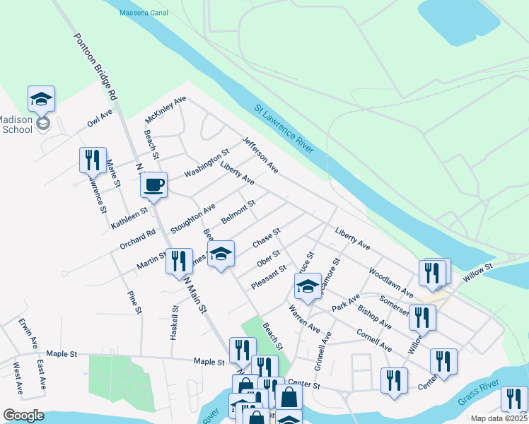 map of restaurants, bars, coffee shops, grocery stores, and more near 62 Ames Street in Massena