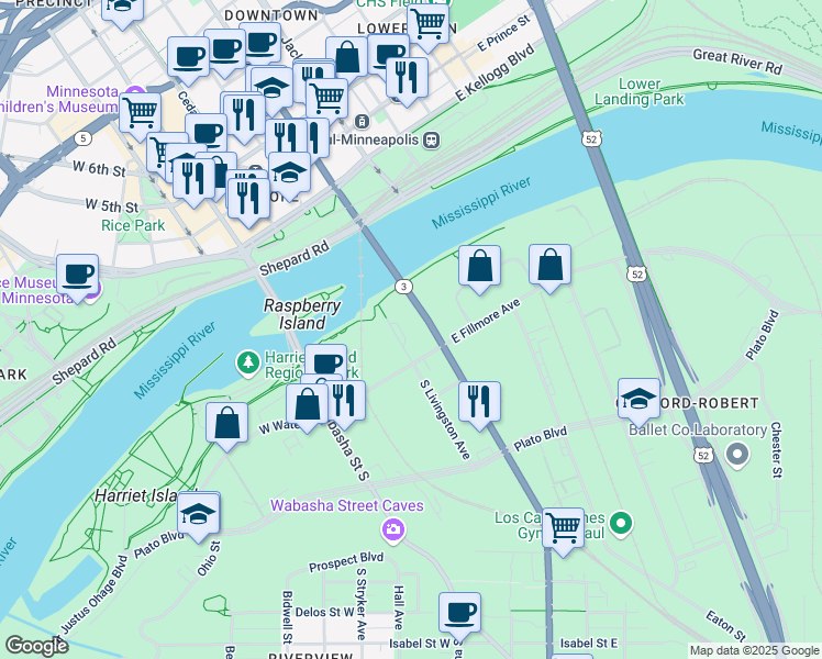 map of restaurants, bars, coffee shops, grocery stores, and more near 60 Livingston Avenue in Saint Paul