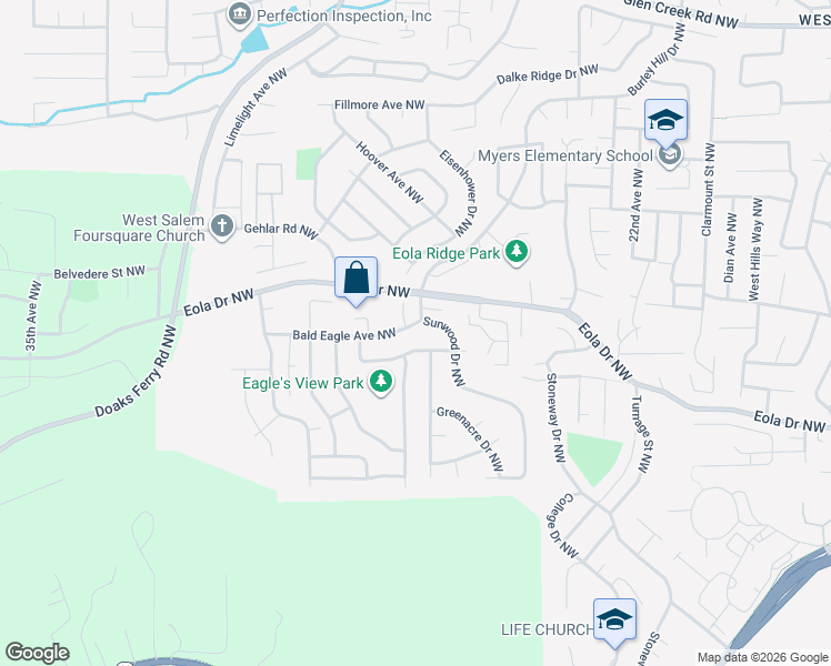 map of restaurants, bars, coffee shops, grocery stores, and more near 2717 Arroyo Ridge Drive Northwest in Salem