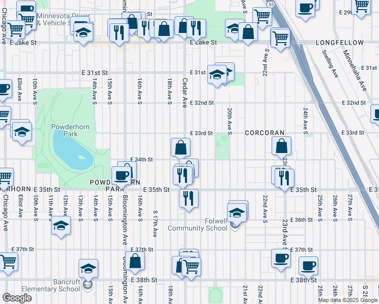 map of restaurants, bars, coffee shops, grocery stores, and more near in Minneapolis