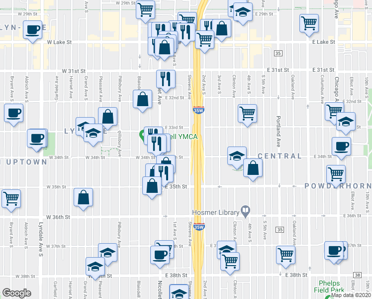 map of restaurants, bars, coffee shops, grocery stores, and more near 112 East 34th Street in Minneapolis