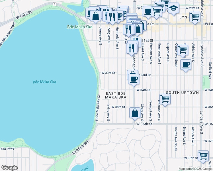 map of restaurants, bars, coffee shops, grocery stores, and more near 3357 East Calhoun Parkway in Minneapolis