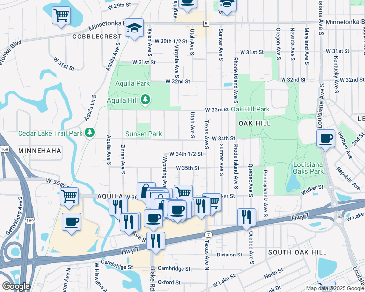 map of restaurants, bars, coffee shops, grocery stores, and more near 8100 West 34th 1/2 Street in Minneapolis
