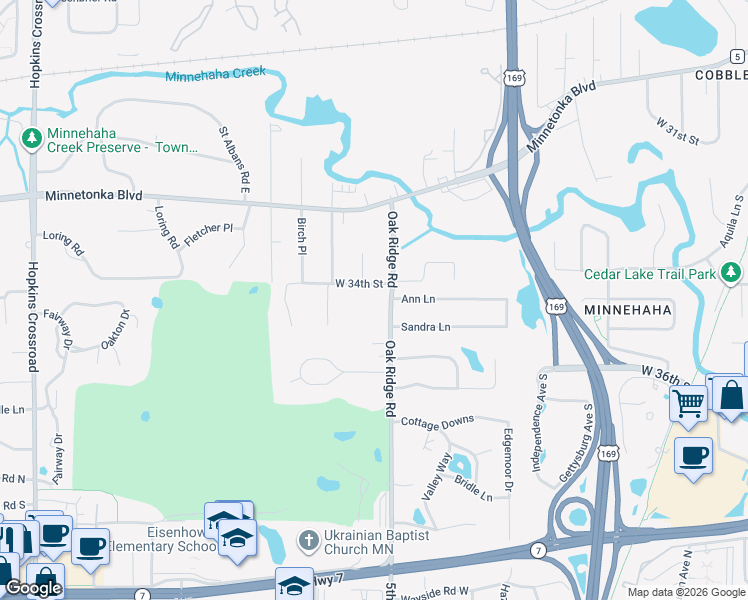 map of restaurants, bars, coffee shops, grocery stores, and more near 3412 Oak Ridge Road in Hopkins