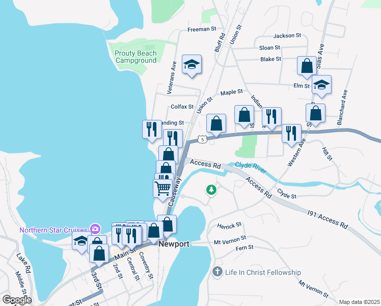 map of restaurants, bars, coffee shops, grocery stores, and more near 2 Gardner Street in Newport