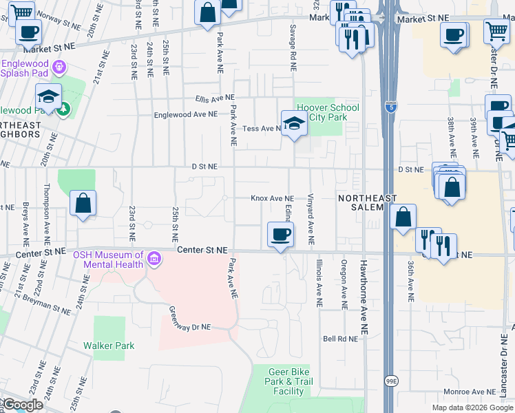 map of restaurants, bars, coffee shops, grocery stores, and more near 861 Bieber Avenue Northeast in Salem