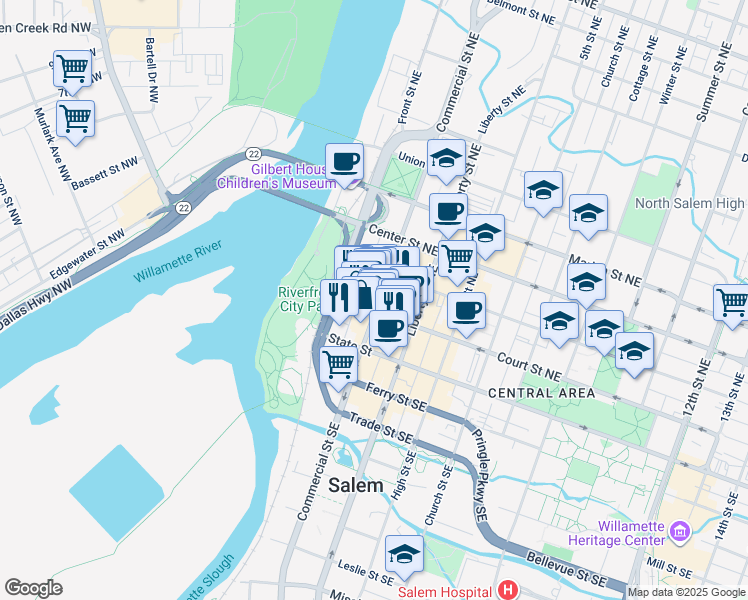 map of restaurants, bars, coffee shops, grocery stores, and more near 223 Commercial Street Northeast in Salem