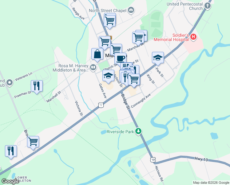 map of restaurants, bars, coffee shops, grocery stores, and more near 250 Nova Scotia Trunk 1 in Middleton