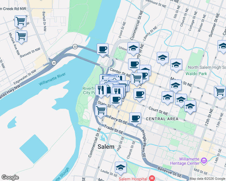 map of restaurants, bars, coffee shops, grocery stores, and more near 233 Commercial Street Northeast in Salem
