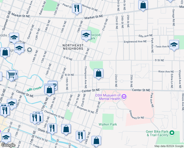 map of restaurants, bars, coffee shops, grocery stores, and more near 693 Catterlin Street Northeast in Salem