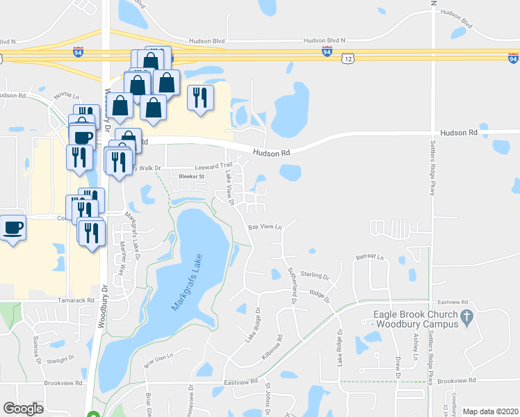 map of restaurants, bars, coffee shops, grocery stores, and more near 10480 Bay View Lane in Woodbury