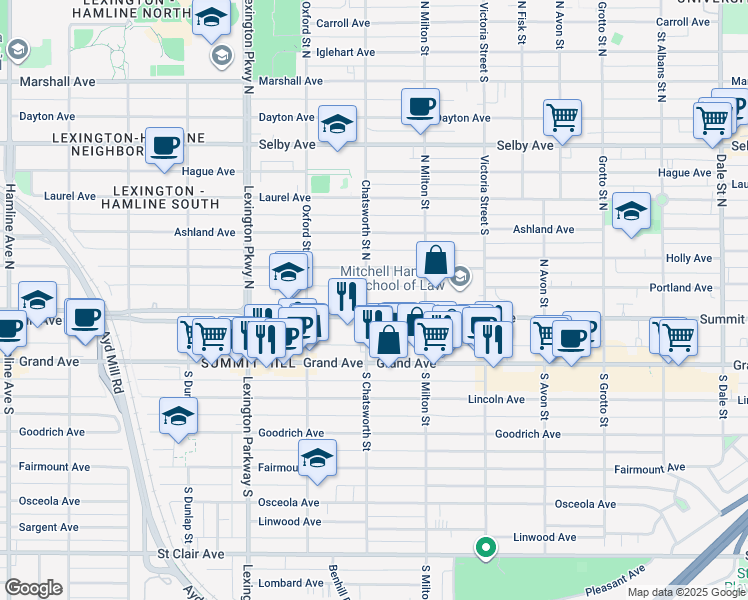 map of restaurants, bars, coffee shops, grocery stores, and more near 972 Summit Avenue in Saint Paul