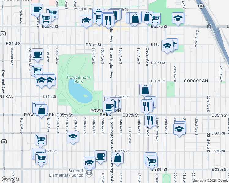 map of restaurants, bars, coffee shops, grocery stores, and more near 3347 Bloomington Avenue in Minneapolis