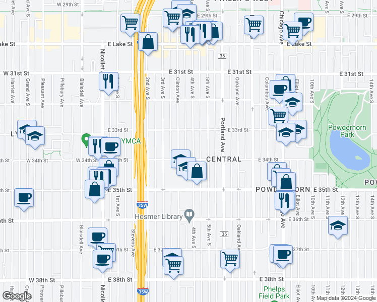 map of restaurants, bars, coffee shops, grocery stores, and more near 3351 4th Avenue South in Minneapolis