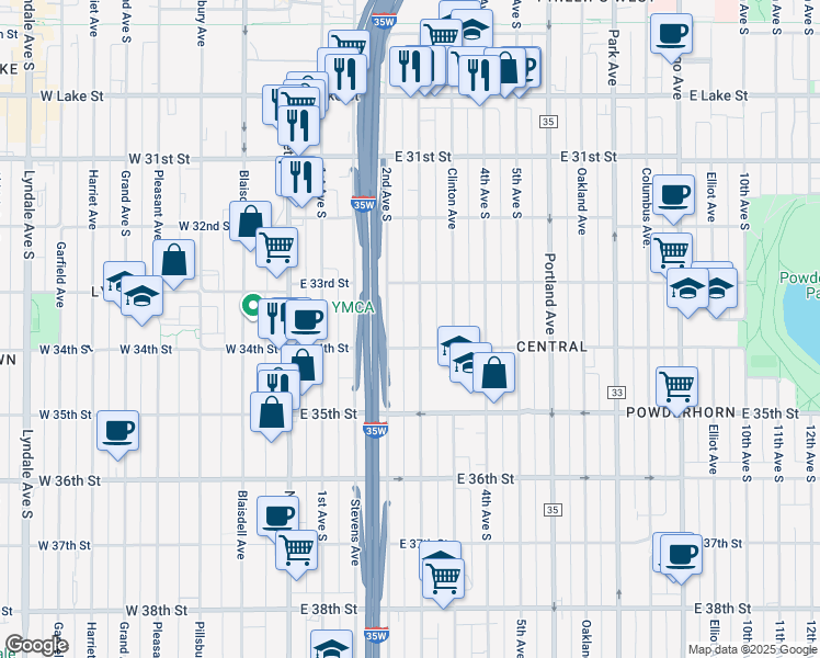 map of restaurants, bars, coffee shops, grocery stores, and more near 3346 3rd Avenue South in Minneapolis