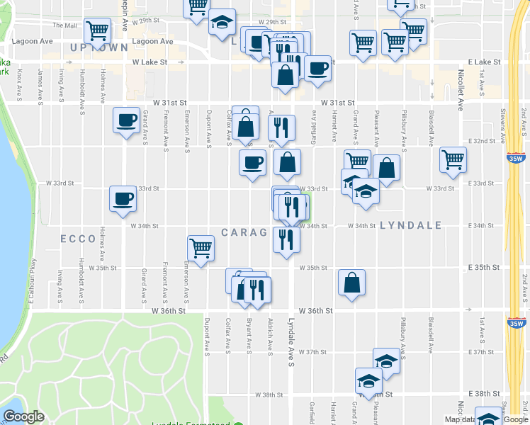 map of restaurants, bars, coffee shops, grocery stores, and more near 3350 Aldrich Avenue South in Minneapolis
