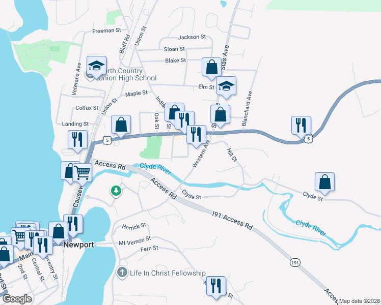 map of restaurants, bars, coffee shops, grocery stores, and more near 96 Western Avenue in Newport