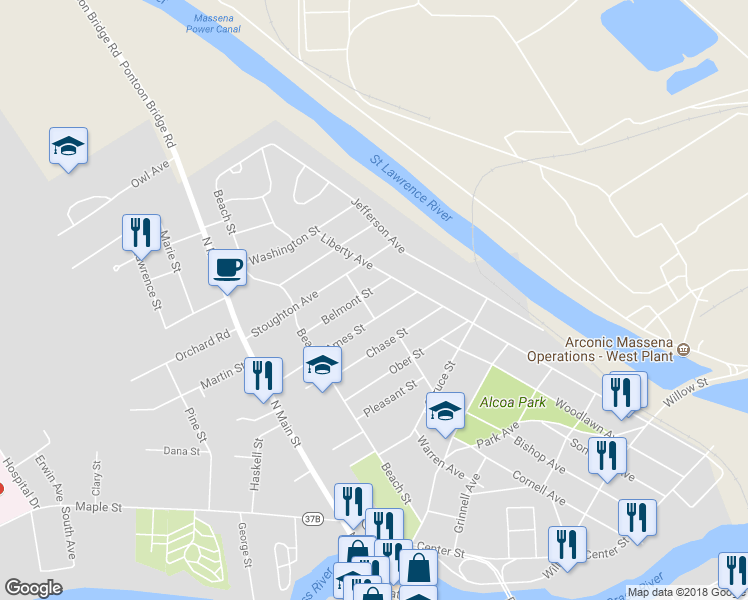 map of restaurants, bars, coffee shops, grocery stores, and more near 46 Cooper Street in Massena