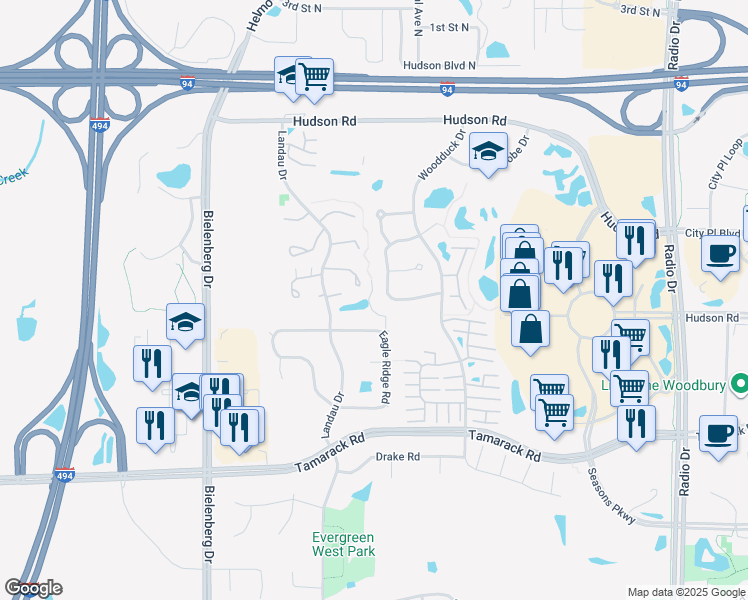 map of restaurants, bars, coffee shops, grocery stores, and more near 553 Eagle Ridge Road in Saint Paul