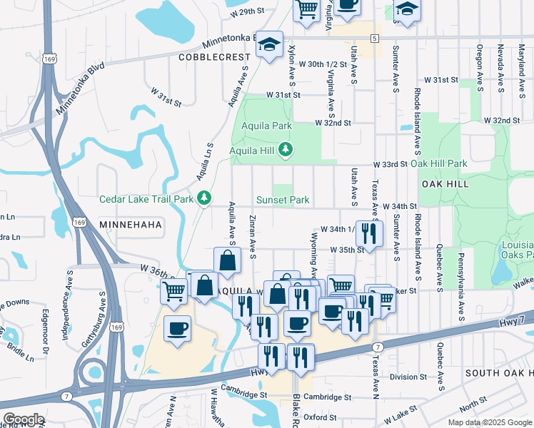 map of restaurants, bars, coffee shops, grocery stores, and more near 3416 Yukon Avenue South in Minneapolis