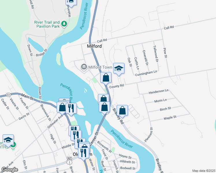 map of restaurants, bars, coffee shops, grocery stores, and more near 45 Main Street in Bradley
