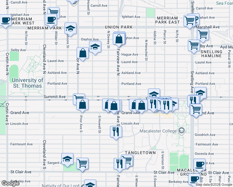 map of restaurants, bars, coffee shops, grocery stores, and more near 1825 Summit Avenue in Saint Paul