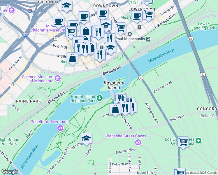 map of restaurants, bars, coffee shops, grocery stores, and more near 1 Wabasha Street South in Saint Paul