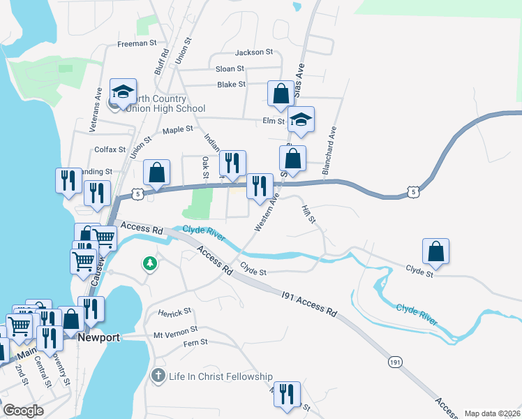map of restaurants, bars, coffee shops, grocery stores, and more near 96 Western Avenue in Newport