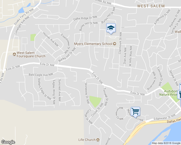 map of restaurants, bars, coffee shops, grocery stores, and more near 570 Winners Court Northwest in Salem