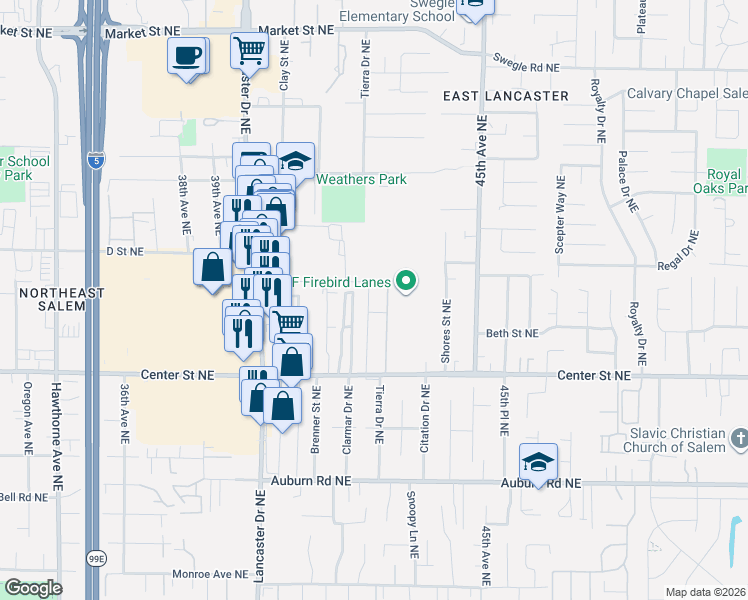 map of restaurants, bars, coffee shops, grocery stores, and more near 838 Denver Place Northeast in Salem
