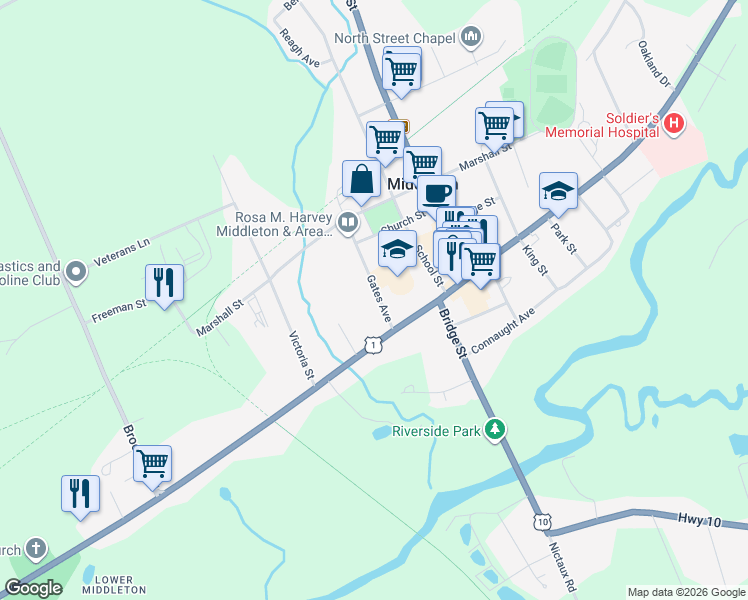 map of restaurants, bars, coffee shops, grocery stores, and more near 15 Gates Avenue in Middleton