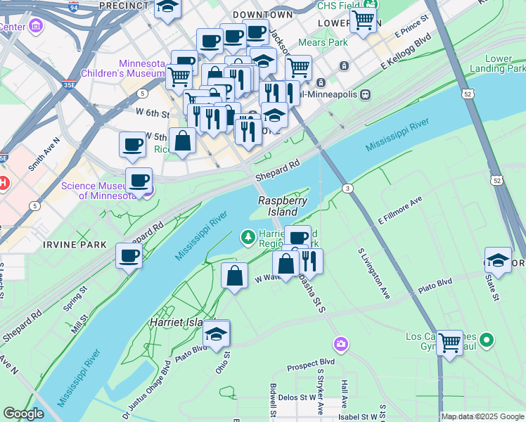 map of restaurants, bars, coffee shops, grocery stores, and more near 1 Wabasha Street South in Saint Paul