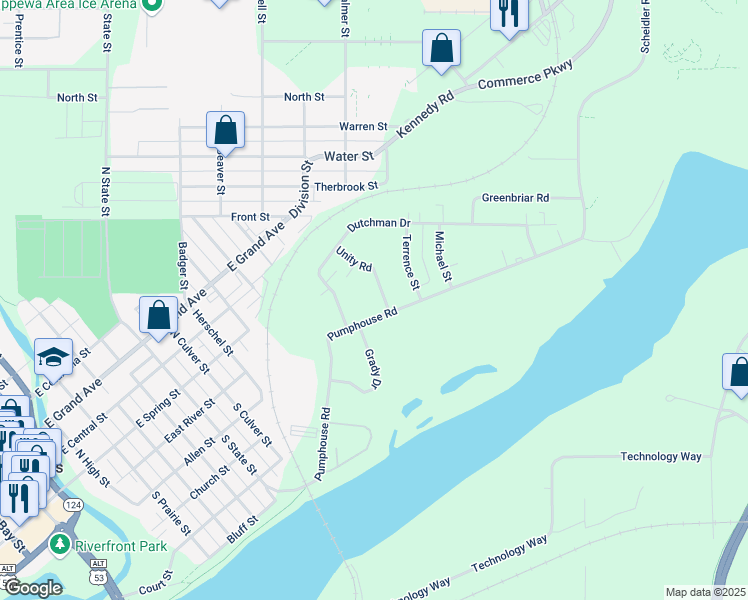 map of restaurants, bars, coffee shops, grocery stores, and more near 639 Pumphouse Road in Chippewa Falls