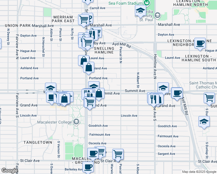 map of restaurants, bars, coffee shops, grocery stores, and more near 1501 Summit Avenue in Saint Paul