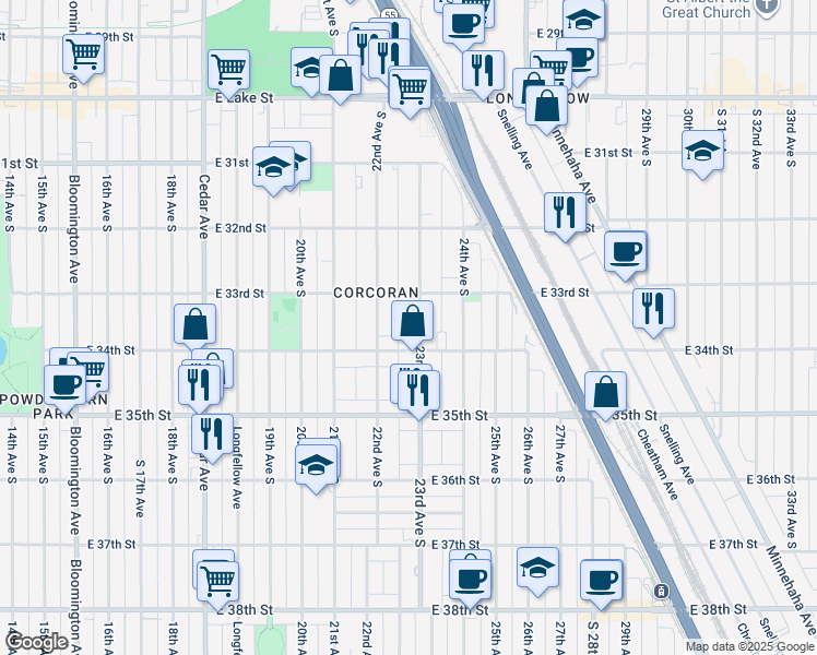 map of restaurants, bars, coffee shops, grocery stores, and more near 2206 East 34th Street in Minneapolis