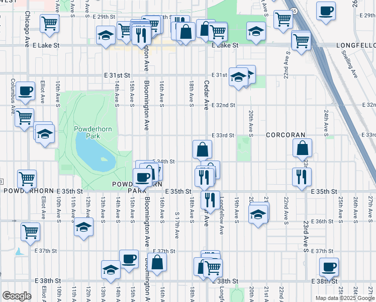 map of restaurants, bars, coffee shops, grocery stores, and more near 3338 18th Avenue South in Minneapolis