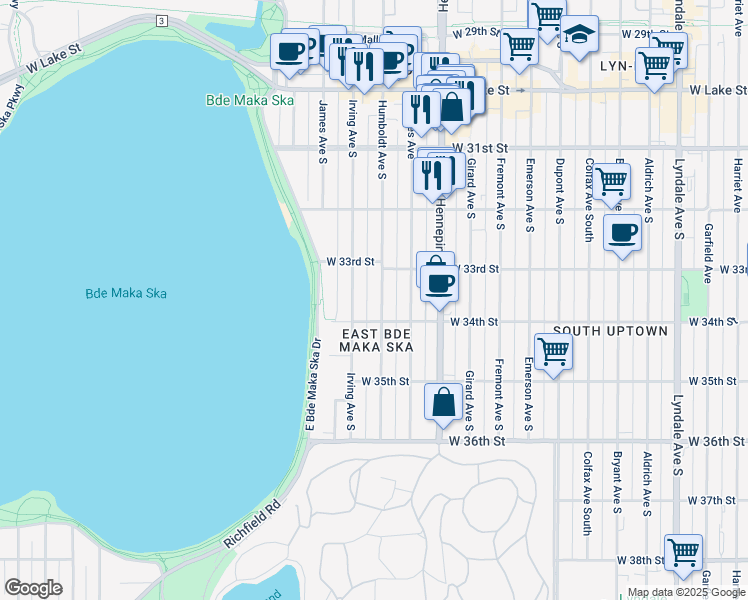 map of restaurants, bars, coffee shops, grocery stores, and more near in Minneapolis