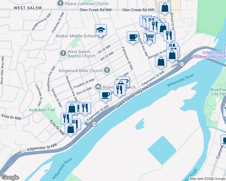 map of restaurants, bars, coffee shops, grocery stores, and more near 1168 2nd Street Northwest in Salem