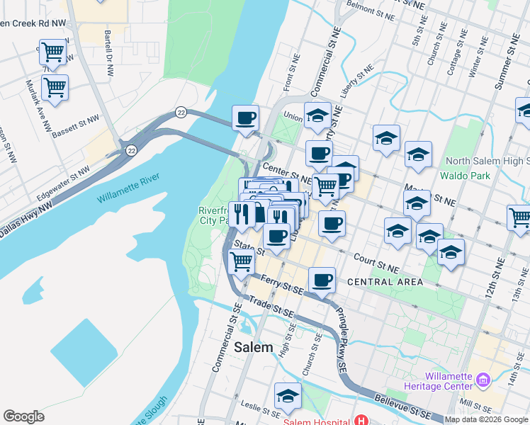 map of restaurants, bars, coffee shops, grocery stores, and more near 195 Commercial Street Northeast in Salem